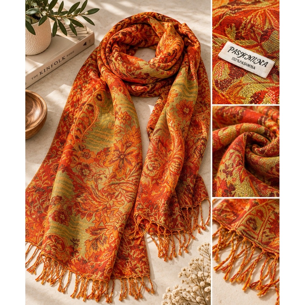 Pashmina Silk Floral Paisley Jacquard Shawl Scarf Orange Gold Fringe Wrap Boho